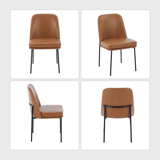 COLAMY Modern Dining Chairs Set of 4, Faux Leather Upholstered Dining Room Chairs Kitchen Chairs Dinner Chair with Curved Back and Metal Legs, Brown