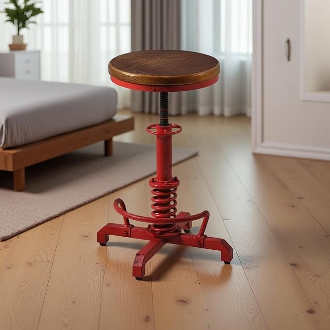 LOKKHAN American Antique Steampunk Bar Stool 24.41"-28.35" Vintage Industrial Adjustable Swivel Backless Counter Stool for Home, Dining, Breakfast, Pub, (Heavy Duty Metal & Wood, Aged Red, Brown Top)