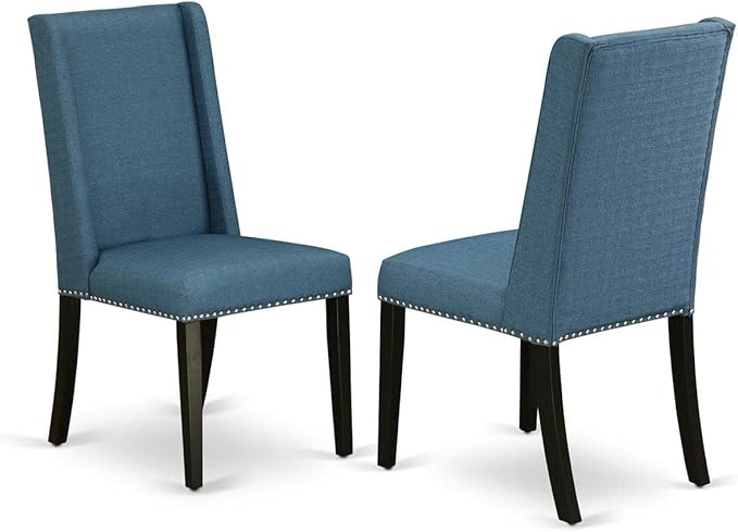 East West Furniture ANFL5-ABK-21 5 Piece Dinette Set for 4 Includes a Round Kitchen Table with Pedestal and 4 Blue Linen Fabric Parsons Dining Chairs, 36x36 Inch, Wirebrushed Black