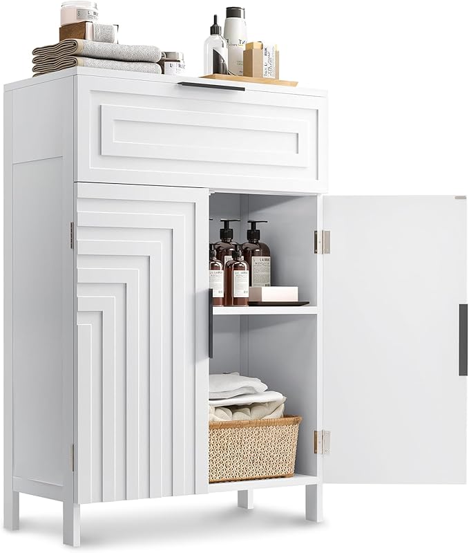 Storage Cabinet Bathroom Floor Cabinets with Drawer Freestanding Kitchen Cabinet Fluted Coffee Bar Cabinet for Living Room, Entryway, Garage Accent Storage Organization - 23.6x11.8x35.4- White