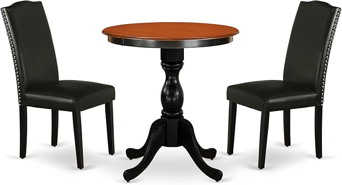 East West Furniture ESEN3-BCH-69 3 Piece Kitchen Table & Chairs Set Contains a Round Dining Room Table with Pedestal and 2 Black Faux Leather Parson Dining Chairs, 30x30 Inch, Black & Cherry