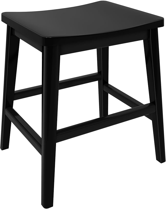Plank+Beam Smythe Dining Stool, 18",Set of 4, Sturdy Wood Modern Kitchen Stool, Saddle Seat Backless Chair, Metal Footrest, Black