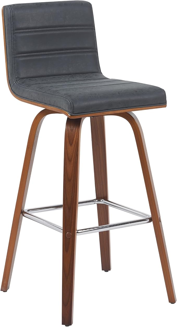 Armen Living Vienna Modern Swivel 30" Bar Height Barstool with Vintage Black Faux Leather and Walnut Wood Finish