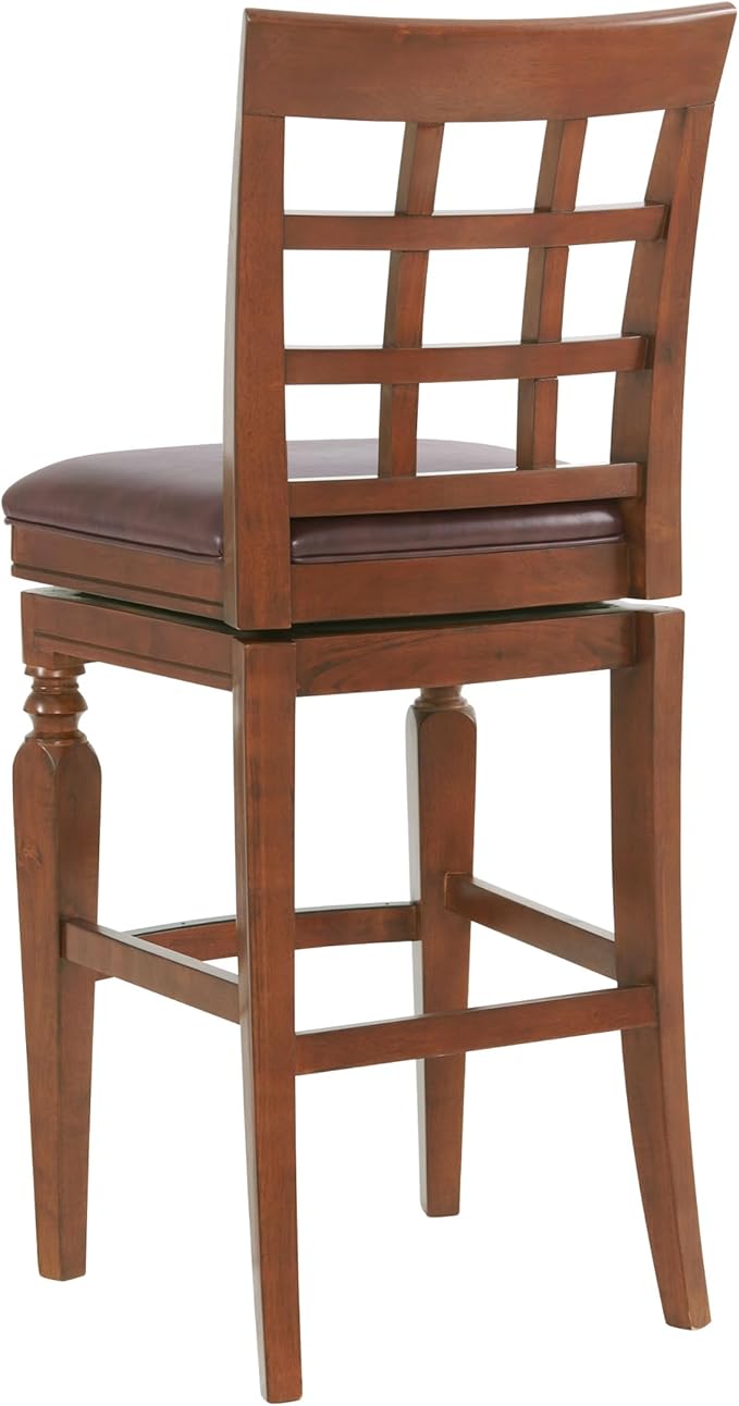Alaterre Furniture Napa Bar Height Swivel Stool with Back – Faux Leather Upholstered Seat Barstool with Memory Return, Turned Wood Legs, Lattice Back Design, and Metal Kick Plate for Kitchen Islands