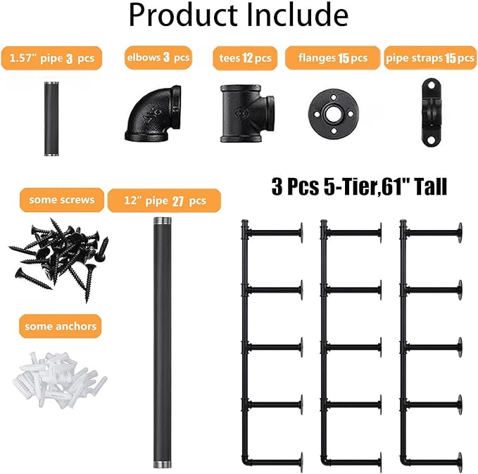 Industrial Pipe Shelf Brackets Wall Mount, Open Black Pipe Shelving for Kitchen,Floating Shelf Brackets Mount,Open Bookshelf Brackets for Shelves,Wall Shelves 12 Inch Deep,(2PcsX3Tier,61" Tall)