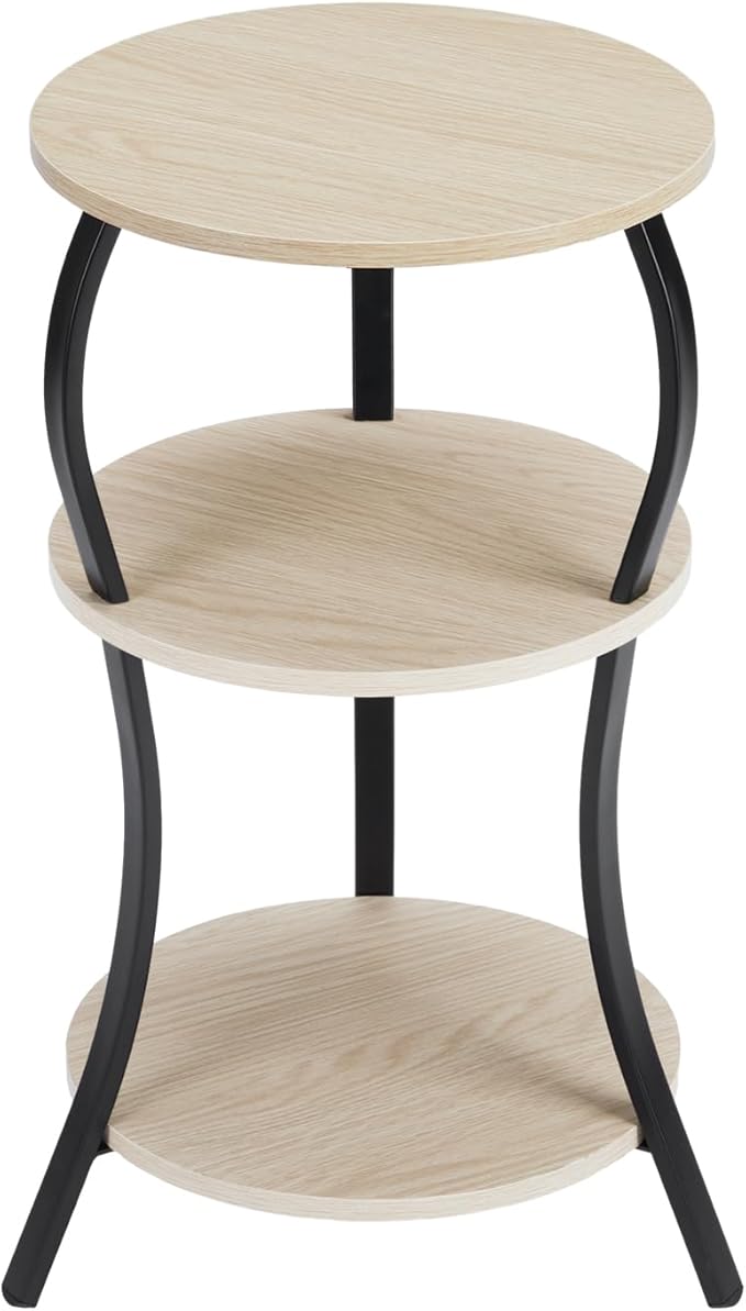 Vintage Small Round Side Table, 3-Tier Slim Waist Circular End Table with Storage Shelf, Compact Tea Sofa Side Table, Round Corner Coffee Table Nightstand for Living Room Bedroom Small Spaces,Oak