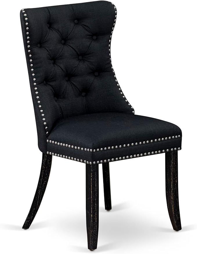 NKDA9-SBB-24-9-pc Dining Room Set Consists of a Rectangular Table and 8 Black Polyester Fabric Dining Chairs with Button Tufted Chair Back - Sand Blasting Black Finish.