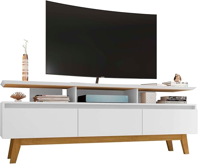 Manhattan Comfort Yonkers 71 Inch Mid Century Modern TV Stand with Storage, 3 Flip Down Door, Hole for Wire Management, Fits Up to 60" Television, Durable & Versatile Console Table, White