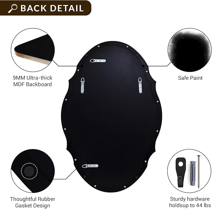 ANDY STAR Scalloped Oval Mirror for Bathroom, 24x36 Inch Matte Black Wall Vanity Mirror for Living Room,Fireplace, Rustproof Stainless Steel Metal Frame, Hang Vertical or Horizontal
