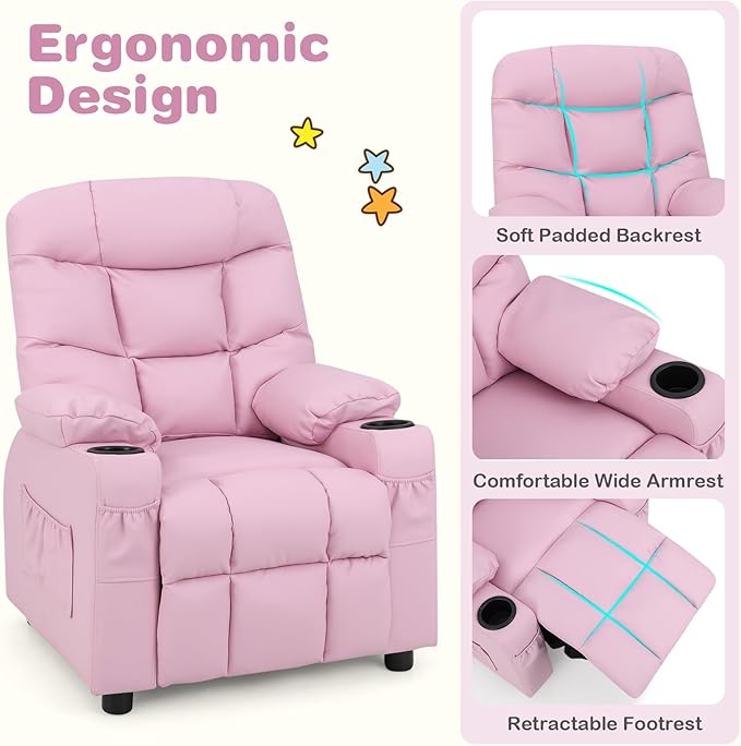 Costzon Kids Recliner Chair with Cup Holder, Adjustable Lounge Chair w/Footrest & Side Pockets for Children Boys Girls Room, Ergonomic Toddler Furniture Sofa, Kids Pink Recliner (Pink)
