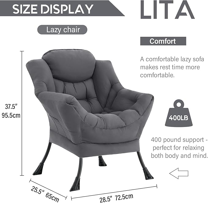 LITA Lazy Chair with Ottoman, Modern Accent Leisure Upholstered Sofa, Contemporary Lounge Reading Chair with Armrests and a Side Pocket for Living Room, Bedroom & Small Space, Single Dark Grey