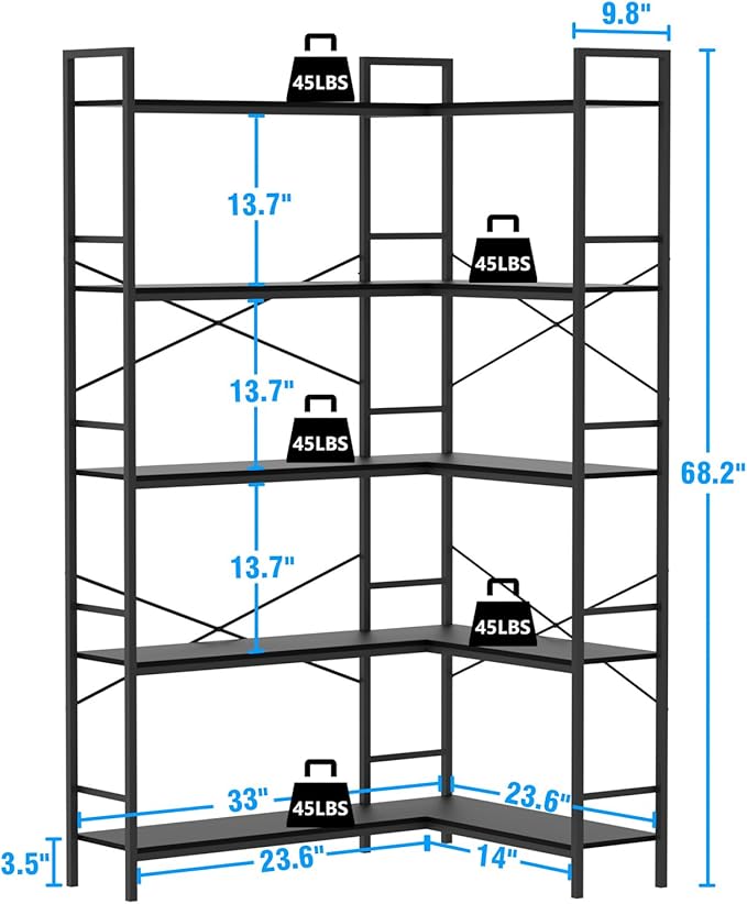 Black Corner Bookshelf,5 Tiers Corner Bookcase with Open Storage,L Shaped Shelves for Home Office,Living Room,Bedroom