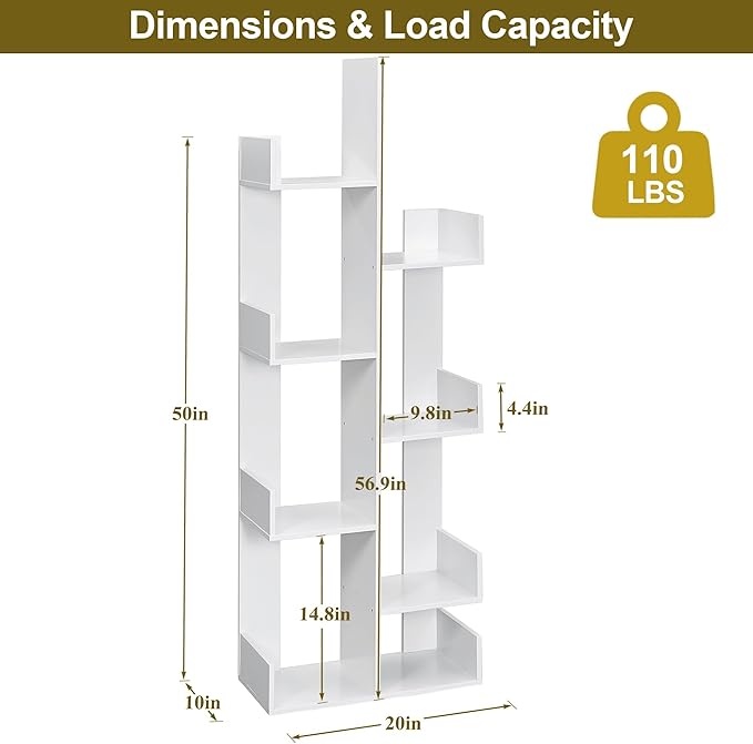 VECELO 8-Tier Tall Cactus-Shaped Tree Bookshelf, Vertical Bookcase with Waterproof Shelves & Rounded Corners, Modern Display Rack for Small Spaces in Living Room, Office, Bedroom, Ivory White
