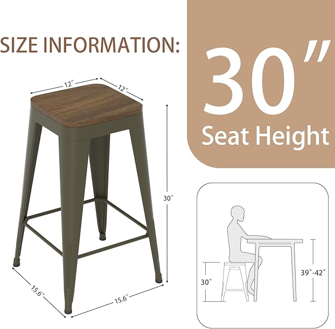 30 inch Backless Bar Stools Set of 4, Indoor Metal Bar Stools with Wood Seat, Industrial Counter Height Barstools for Kitchen Island, Rusty