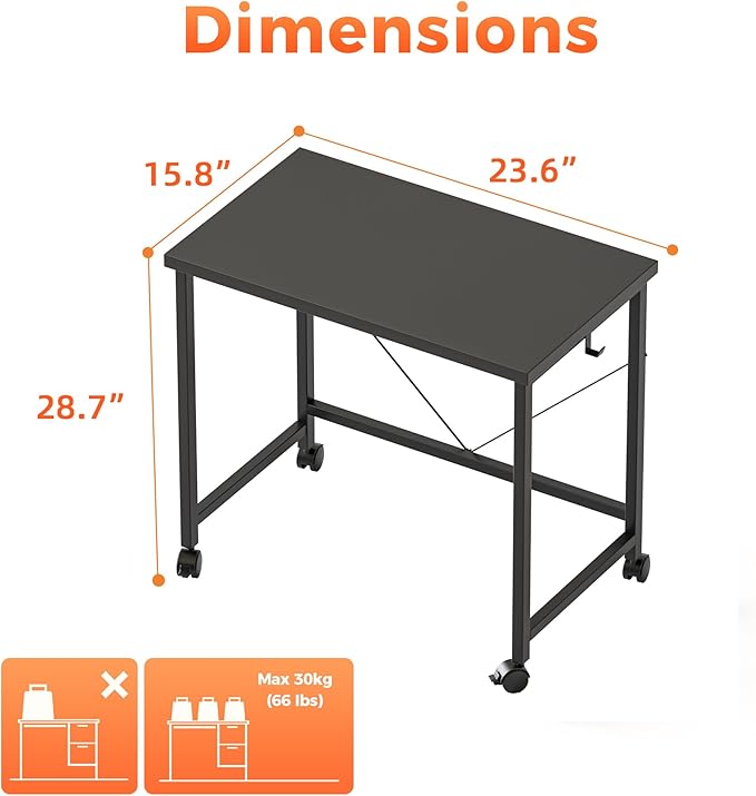 Rolling Computer Desk with Wheels, Gaming Desk for Small Spaces, Modern Simple Style Table for Home Office, Study Writing Table (Caster, Black, 24 inch)