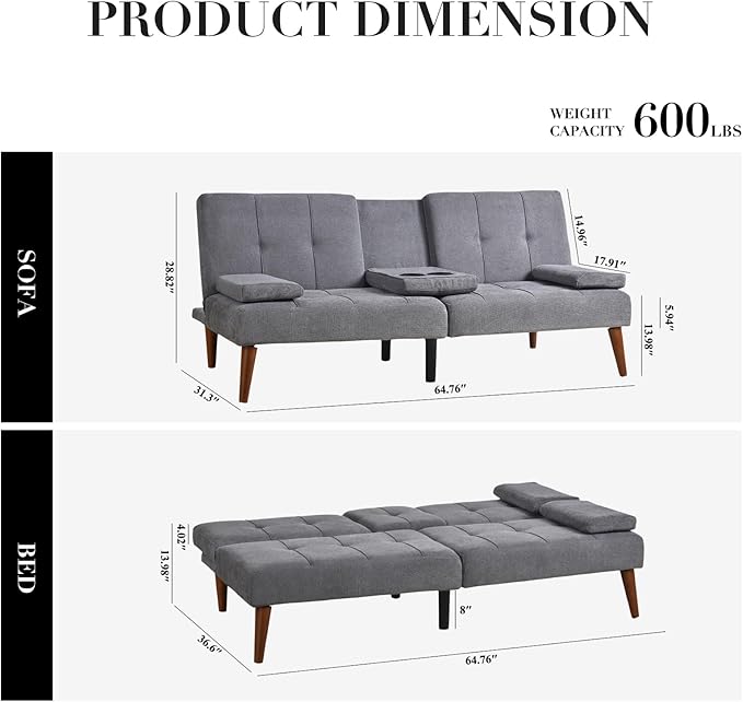 COLAMY Futon Sofa Bed-Fabric Small Couch, Small Lounge Convertible with 2 Cup Holders, Removable Soft Armrest, Adjustable Backrest for Dorm/Bedroom/College