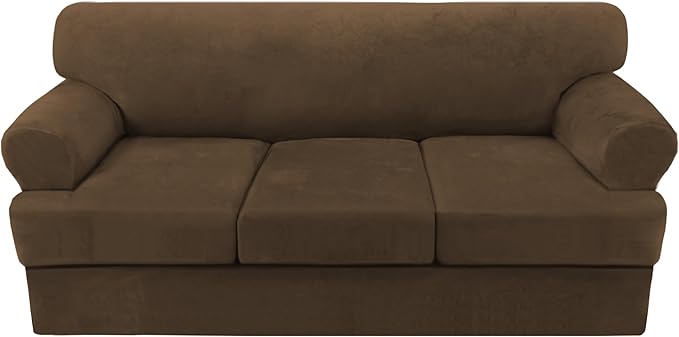 H.VERSAILTEX Sofa Cover 4 Piece T Cushion Sofa Slipcovers Thick Velvet Couch Cover Stretch T Cushion Sofa Covers for 3 Cushion Couch with 3 Individual T Cushion Covers, Bronze Brown