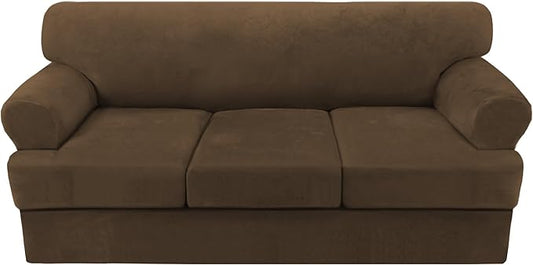 H.VERSAILTEX Sofa Cover 4 Piece T Cushion Sofa Slipcovers Thick Velvet Couch Cover Stretch T Cushion Sofa Covers for 3 Cushion Couch with 3 Individual T Cushion Covers, Bronze Brown