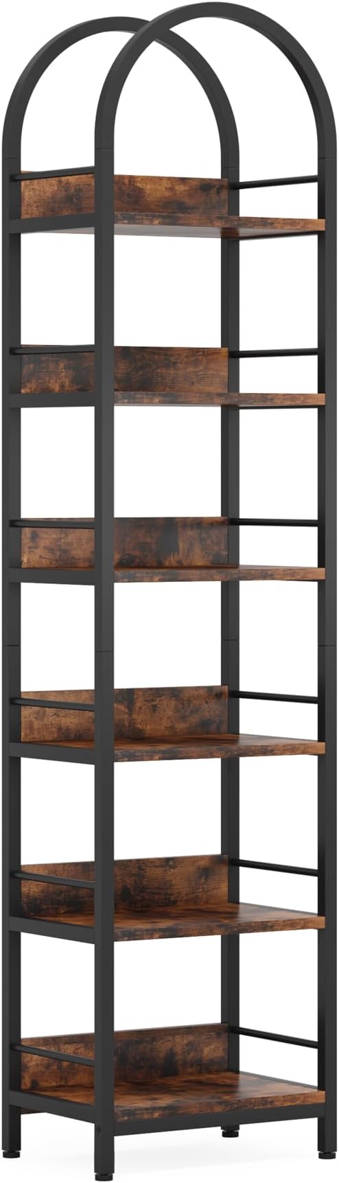 LITTLE TREE Bookshelf Set 2, Skinny 78.7 Inches Tall Arched Bookshelf, 6 Tiers Brown Open Bookcase with Black Metal Frame, Freestanding Corner Display Shelves Rack for Living Room, Home Office