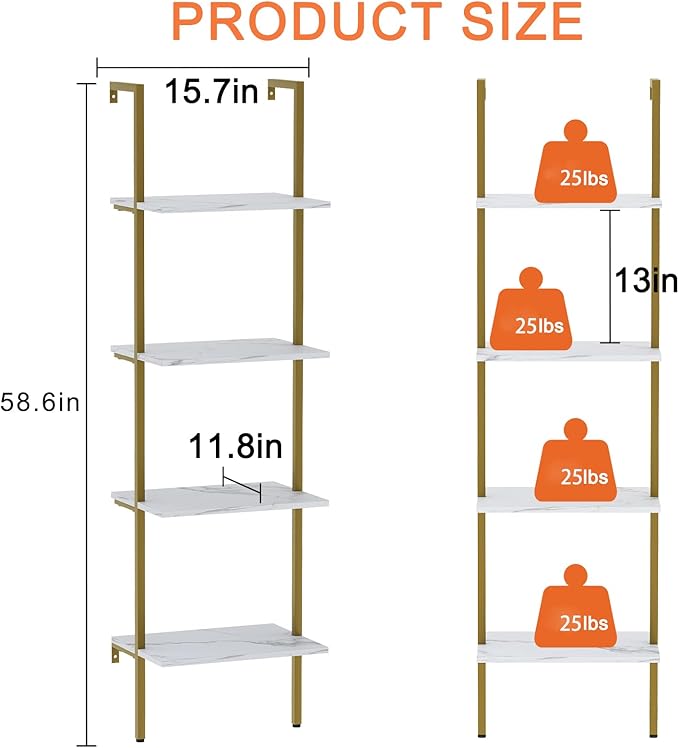 Ladder Shelf 4 Tiers Metal Industrial Bookshelf,White Marble Wood Tall Open Storage Rack and Display Shelves,Wall Mount Wide Book Case for Home Office Bedroom,Small