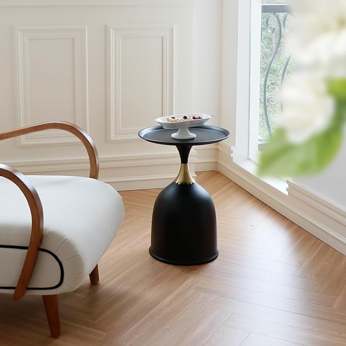 Small Round Pedestal Side Table for Small Spaces, Modern Black Couch End Tables Living Room Corner Drink Table, Unique Circle Metal Accent Martini Tables for Sofa, Recliner, Bedroom
