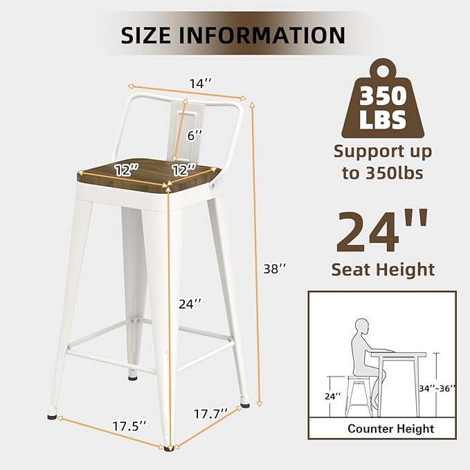 White Bar Stools Set of 4, Metal Bar Stools with Wooden Seat, Modern 24”Counter Height Barstools with Low Back