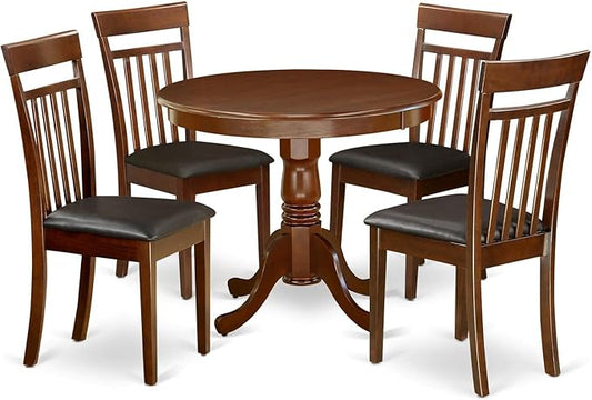 East West Furniture ANCA5-MAH-LC 5 Piece Dining Table Set for 4 Includes a Round Kitchen Table with Pedestal and 4 Faux Leather Dining Room Chairs, 36x36 Inch, Mahogany
