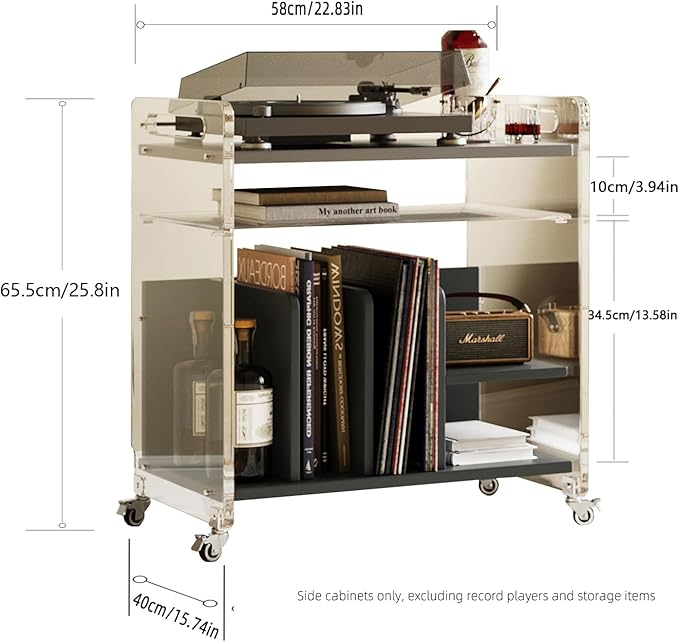 Acrylic Record Player Stand，Vinyl Storage Holder Cabinet with Wheels，Large Turntable Stand with Shelf,Coffe Table Movable End Table Nightstand Stereo Cabinet for Living Room Bedroom Office