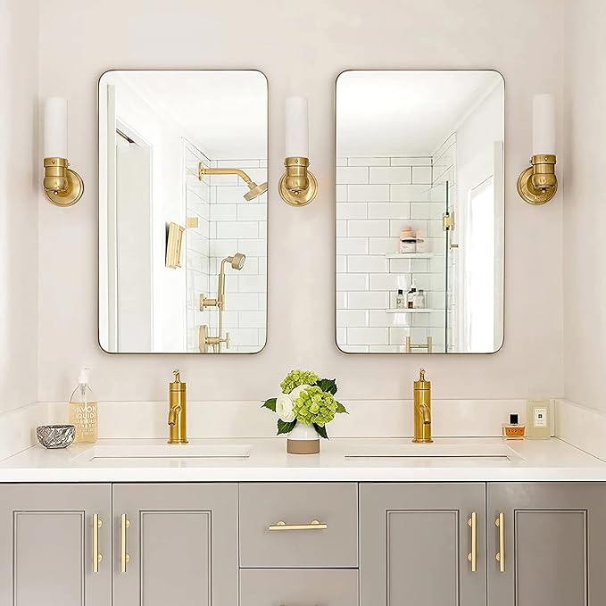 ANDY STAR 30"x48" Brass Gold Bathroom Mirror, Large Wall Mirror for Bathroom, Rounded Rectangle Mirror in Premium Stainless Steel Metal Frame Hangs Horizontal Or Vertical (Brushed Gold)