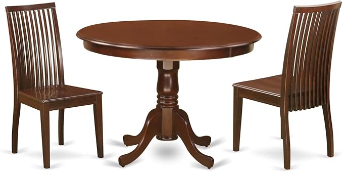 East West Furniture HLIP3-MAH-W 3 Piece Modern Dining Table Set Contains a Round Wooden Table with Pedestal and 2 Dining Chairs, 42x42 Inch, Mahogany