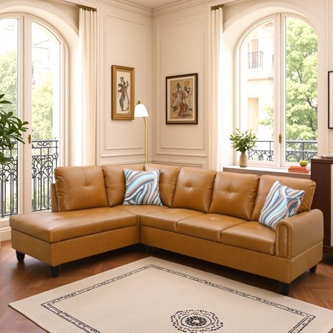 L Shaped Couch Sectional Couches with Chaise, 3 Pieces Modular Convertible Sofa for Living Room Furniture Sets and Small Apartment Faux Leather, Ginger