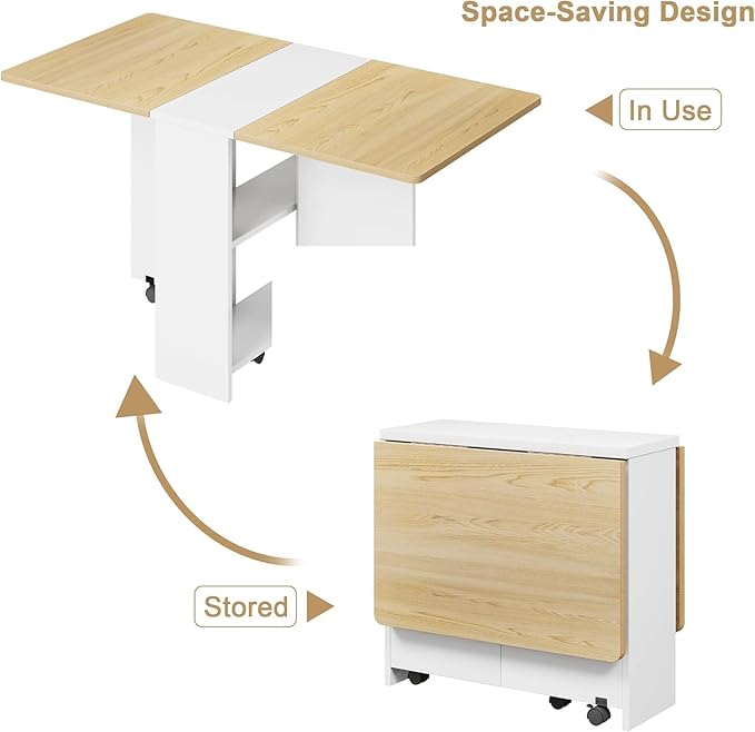 IDEALHOUSE Folding Dining Table, Drop Leaf Table with 6 Wheels and 2-Layer Storage Shelf, Space Saving Dining Table for Small Spaces (Natural Wood, 47.2" D x 23.6" W x 29.5" H)