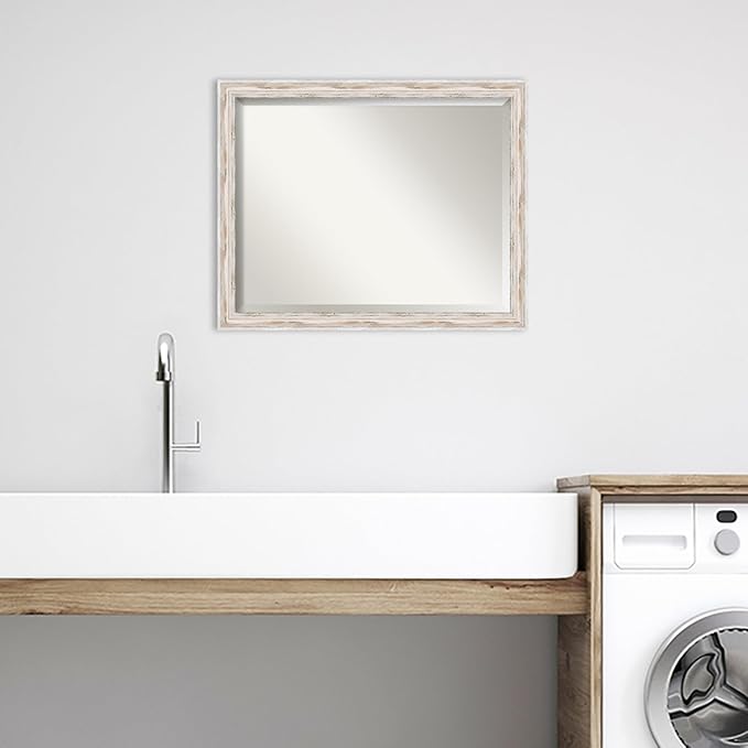 Amanti Art White Bathroom Mirror for Over Sink, 25x31 Alexandria White Wash Narrow Rectangle Vanity Mirror, Large Cottage Wood Frame, Hangs Horizonally and Vertically, Bathroom Wall Decor, Beveled