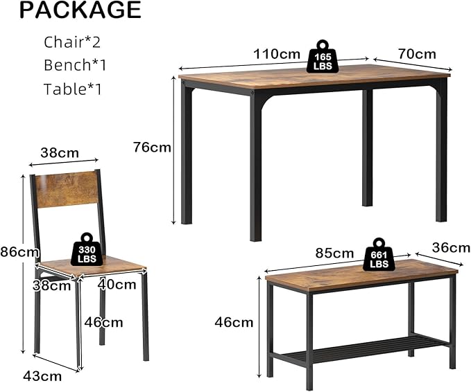SogesHome 4-Piece Dining Table Set for 4 - Space-Saving Kitchen Set with Bench and Chairs, Ideal for Restaurants and Coffee Shops, Vintage Brown