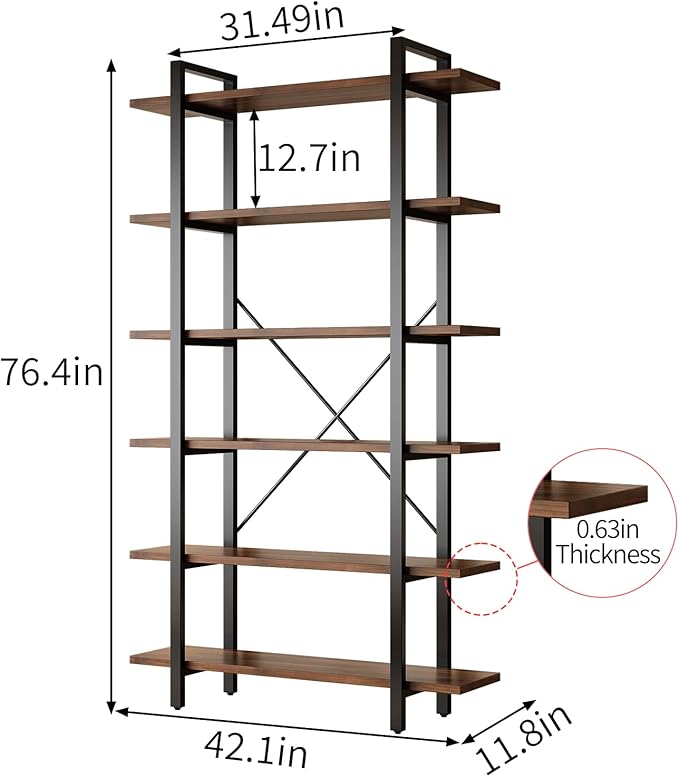 Solid Wood core Industrial Style Bookcase,Bookshelf with 6 Shelves, Walnut Wood and Black Metal Frame, Large Open Storage Display Unit (Dark Walnut, 6 Tiers)