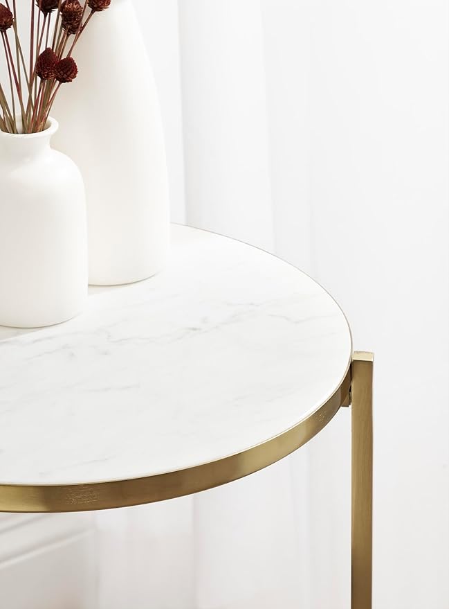 Kate and Laurel Aguilar Modern Round Side Table, 15 x 15 x 24, White and Gold, Genuine Marble Nightstand for Small Spaces and Living Room Décor