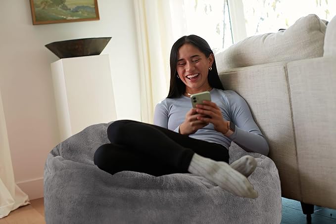 Sofa Sack Bean Bag Chair - Plush, Ultra Soft - Memory Foam Bean Bag Chair with Faux Rabbit Fur Cover - Stuffed Foam Filled Furniture and Accessories for Dorm Room 3 Feet - Gray