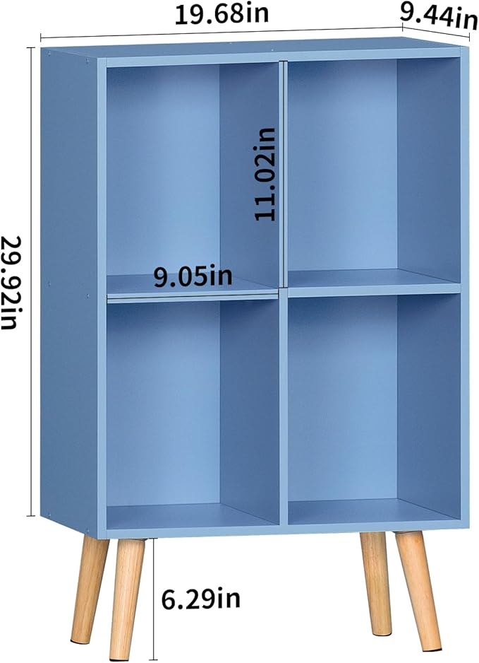 YAHARBO 4 Cube Bookshelf, Blue Small Kids Book Shelf with Cubby Storage,Wooden Modern Bookcase with Legs,2 Tier Freestanding Display Book Case Organizer,Bookshelves for Office,Nursery,Playroom