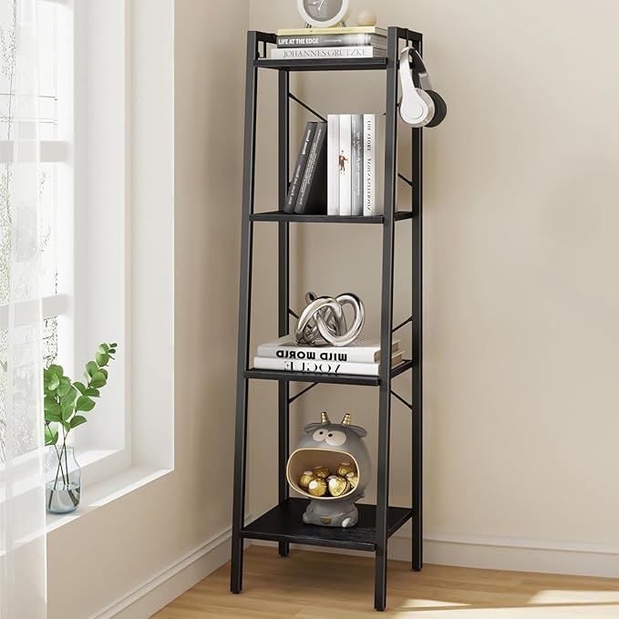 Ladder Shelf, Bookshelf Bookcase, Freestanding Corner Storage Shelve with 2 Hooks for Home Office, Living Room, Kitchen, Bedroom, Industrial, 4-Tier Black BC13204B