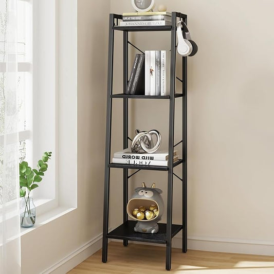 Ladder Shelf, Bookshelf Bookcase, Freestanding Corner Storage Shelve with 2 Hooks for Home Office, Living Room, Kitchen, Bedroom, Industrial, 4-Tier Black BC13204B
