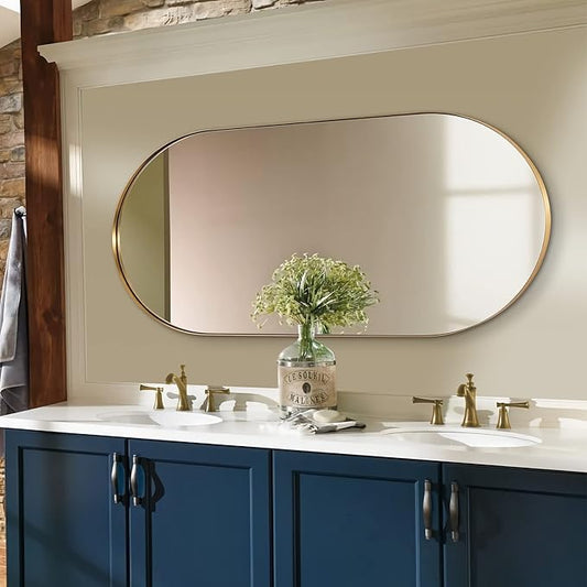 ANDY STAR Gold Bathroom Mirror 60 x 30 Inch, Full Length Mirror, Oval Vanity Mirror, Pill Shaped Mirror in Stainless Steel 1’’ Deep Wall Mounted Vertical/Horizontal