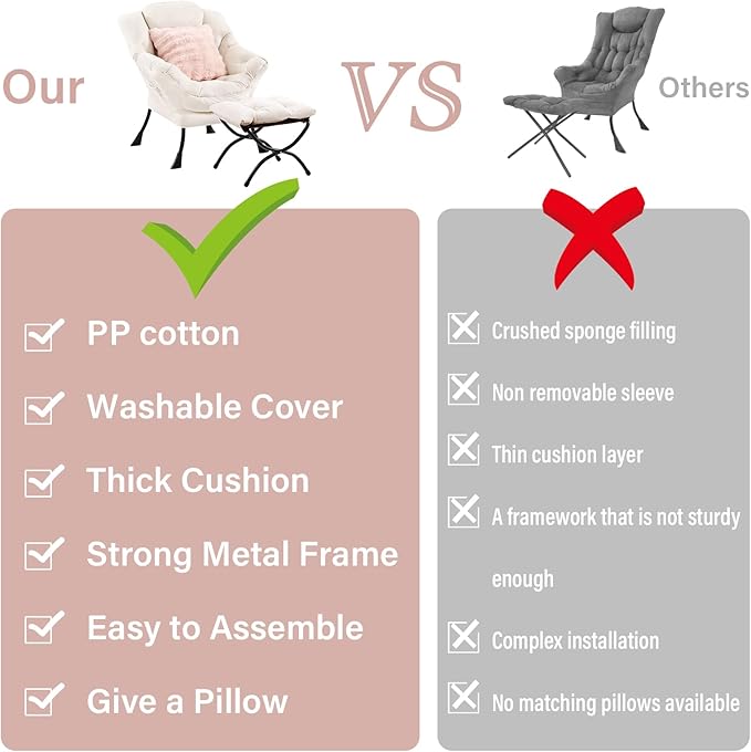 Lazy Chair with Ottoman, Modern Lounge Accent Chair with Armrests and a Throw Pillow, Leisure Sofa Chair Set, Reading Chair with Footrest for Living Room, Bedroom, Dorm Room, Office, Beige