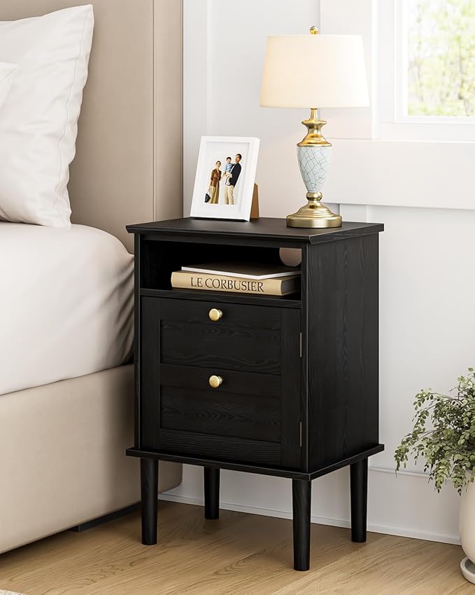 Nightstand, Boho Night Stand with 1 Drawers, Modern Side Accent Table with Open Shelf, Wooden Top Bedside End Table for Bedroom, Living Room, Black