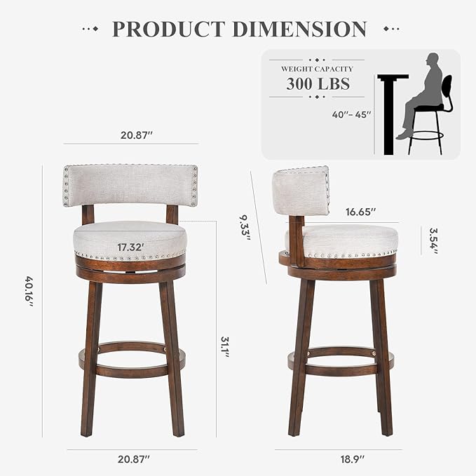 COLAMY Swivel Bar Stools Set of 3, Swivel Counter Height Barstools with Back, 30 Inch Modern Upholstered Bar Stools for Kitchen Island Dining Room Bar, Beige