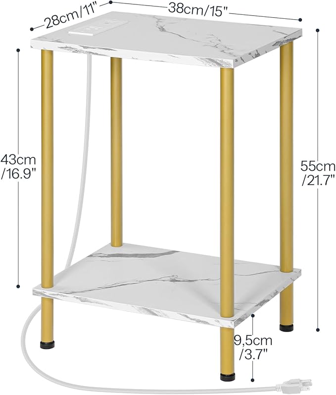 HOOBRO Side Table with Charging Station, End Table with USB Port and Outlet, Nightstand with 2-Layer Storage Shelves for Small Spaces, Living Room, Bedroom, Stable Frame, Gold and Marble DM09UBZ01