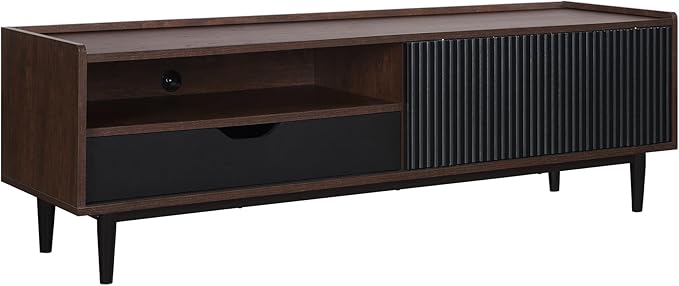 Manhattan Comfort Duane Modern Ribbed 55 Inch TV Stand with 1 Drawer, 2 Shelves, Sliding Door, and Wire Management, Mid-Century Style Entertainment Center and Media Console for Living Room, Black
