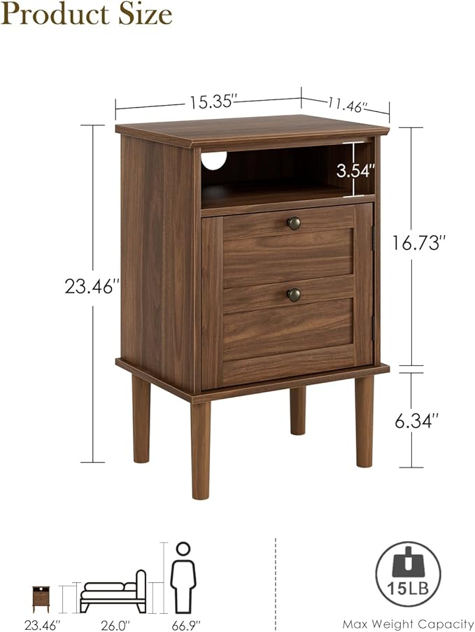Nightstand, Boho Night Stand with 1 Drawer, Modern Side Accent Table with Open Shelf, Wooden Top Bedside End Table for Bedroom, Living Room, Walnut