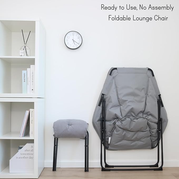 Hexagon Foldable Living Room Chair, Saucer Chair for Adults, Comfy Bedroom Lounge Chair, Moon Chair, Lazy Folding Chair for Dorm Rooms (Ottoman-Grey)