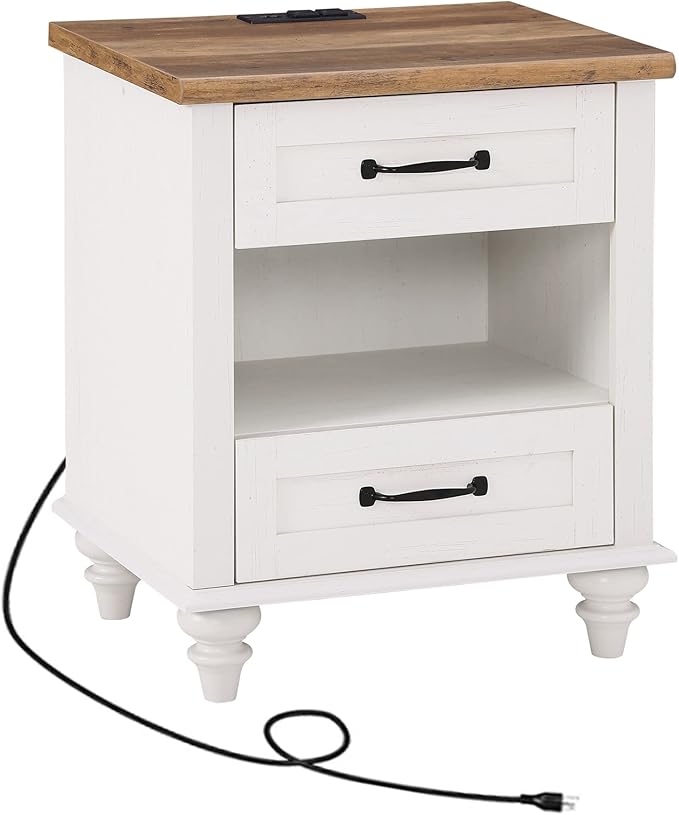 WAMPAT White Side Table with 2 Drawers & Charging Station, Mid Century Nightstand for Bedroom with Power Outlets & USB Ports, Wooden Bedside Table Night Stand with Shelf for Living Room, Antique White