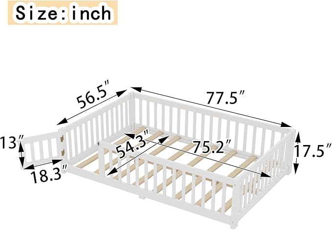 Bellemave Full Floor Bed with Slats and Safety Guardrails, Kids Montessori Floor Beds with Fence and Door, Easy Assemble Floor Bed for Kids, Girls, Boys, White